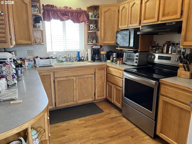 kitchen featuring sink, stainless steel electric range, and light hardwood / wood-style flooring