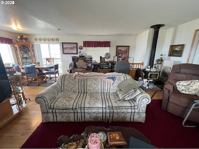 living room with wood-type flooring and a wood stove