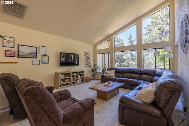 living area with high vaulted ceiling, carpet, visible vents, and a textured ceiling