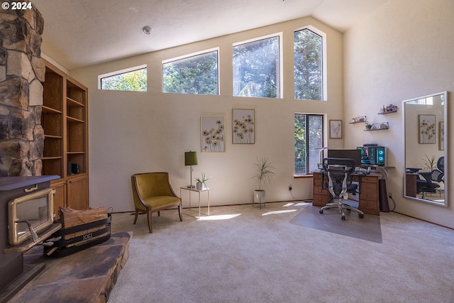 carpeted office space with plenty of natural light and high vaulted ceiling