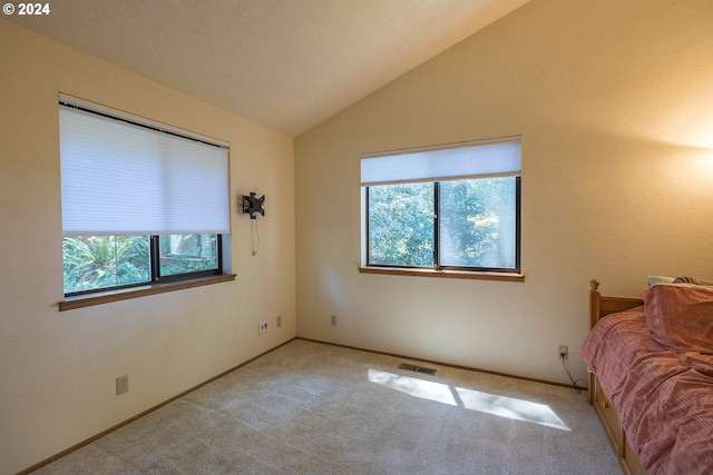 bedroom featuring carpet floors, visible vents, vaulted ceiling, a textured ceiling, and baseboards