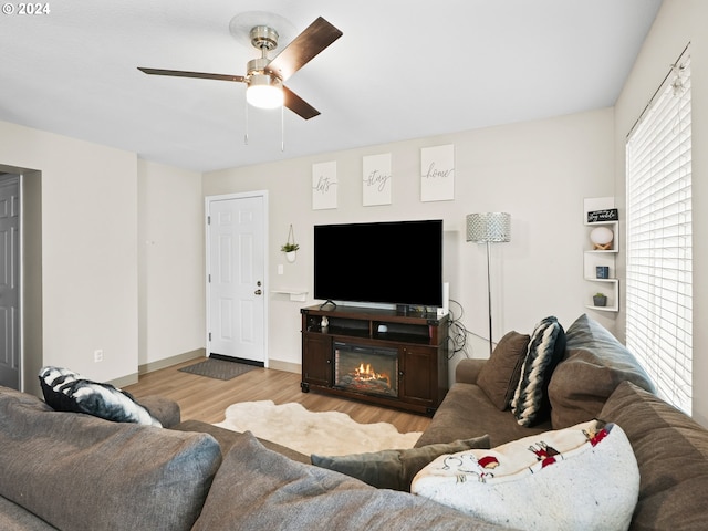 living room with light wood-type flooring and ceiling fan