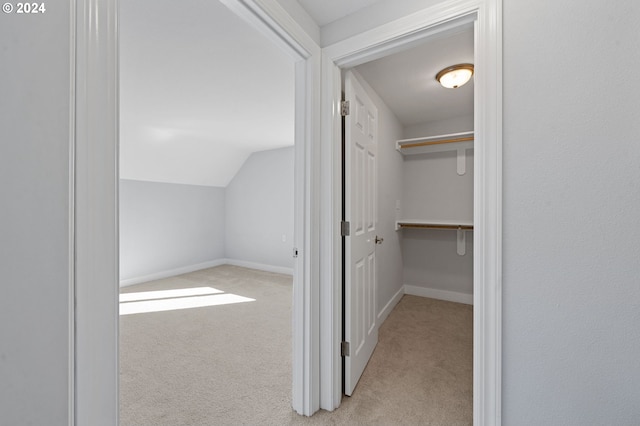 walk in closet featuring vaulted ceiling and light carpet