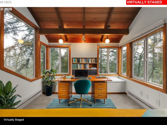 unfurnished sunroom with a baseboard radiator, lofted ceiling with beams, wooden ceiling, and plenty of natural light