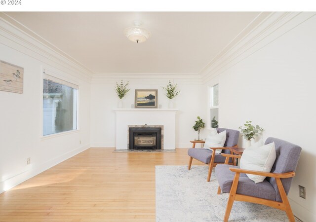 living room featuring wood-type flooring and ornamental molding