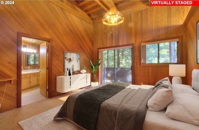 carpeted bedroom featuring wooden ceiling, access to outside, wooden walls, vaulted ceiling, and connected bathroom