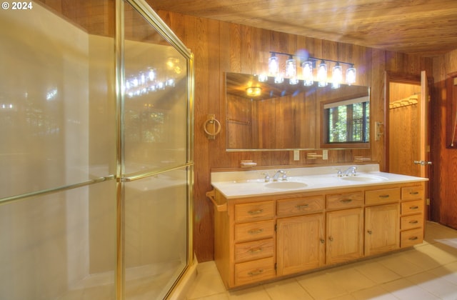 bathroom with an enclosed shower, wood ceiling, and wooden walls