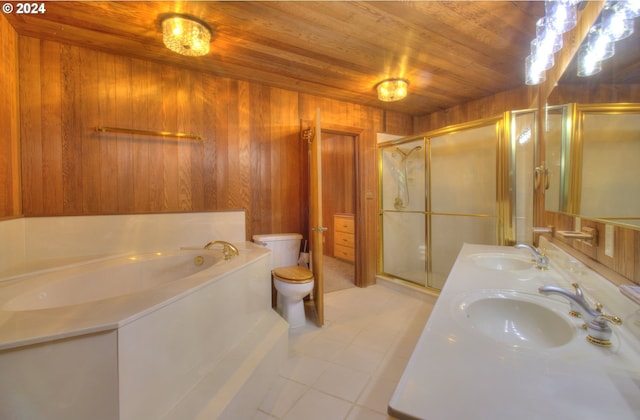 full bathroom with vanity, wood walls, toilet, shower with separate bathtub, and wood ceiling