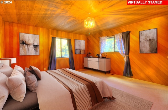 bedroom with a chandelier, wooden walls, and wood ceiling