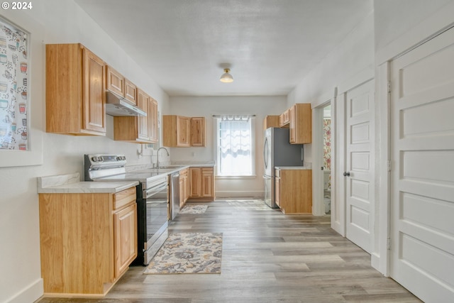 kitchen featuring sink, light brown cabinets, light hardwood / wood-style floors, and appliances with stainless steel finishes