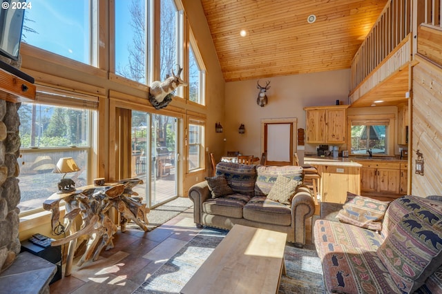 living area featuring high vaulted ceiling, wooden ceiling, and recessed lighting