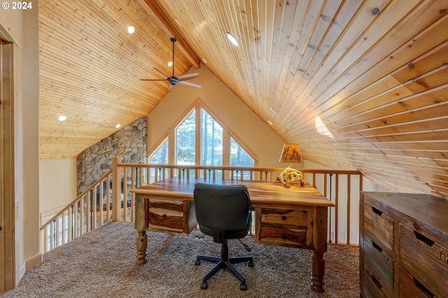 home office with wood ceiling, carpet flooring, and lofted ceiling with beams