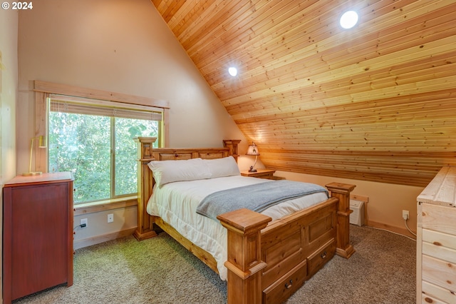 bedroom with baseboards, high vaulted ceiling, wood ceiling, and light colored carpet