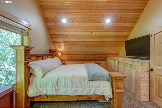 bedroom featuring recessed lighting, wooden ceiling, light colored carpet, and vaulted ceiling