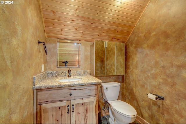 half bathroom featuring toilet, vanity, lofted ceiling, and wood ceiling