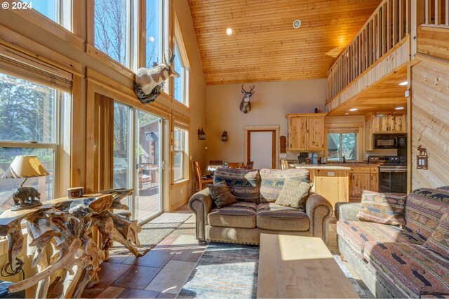 living room featuring wood ceiling, wood walls, and high vaulted ceiling