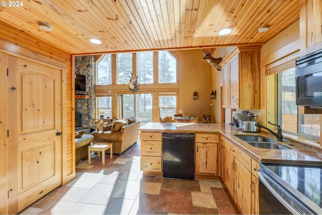 kitchen featuring open floor plan, a sink, wooden ceiling, dishwasher, and a peninsula