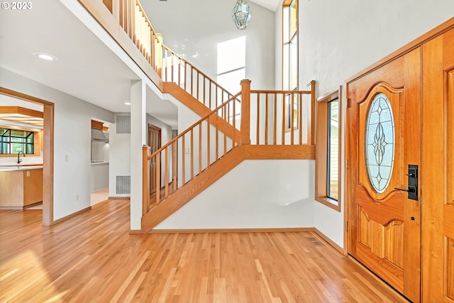 foyer entrance with sink and light wood-type flooring