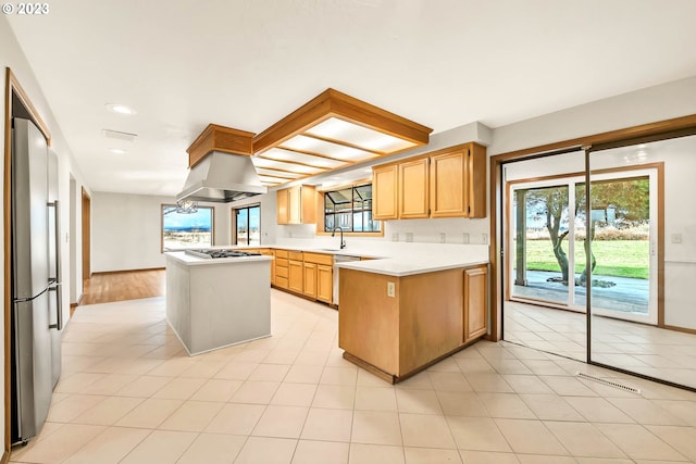 kitchen featuring island range hood, kitchen peninsula, stainless steel appliances, sink, and light wood-type flooring