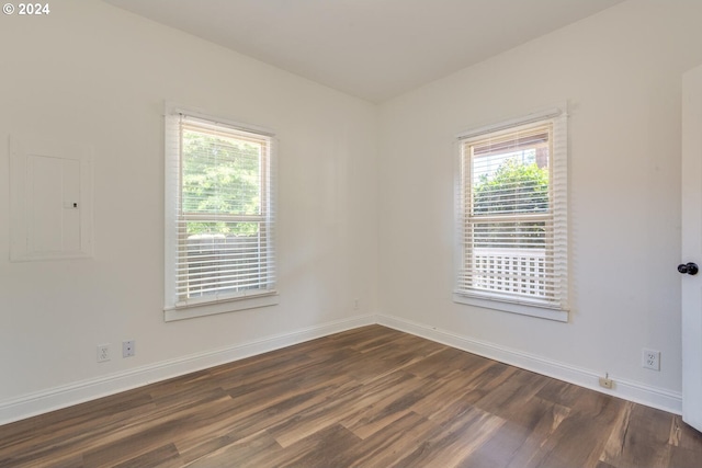 spare room featuring dark hardwood / wood-style flooring, electric panel, and plenty of natural light