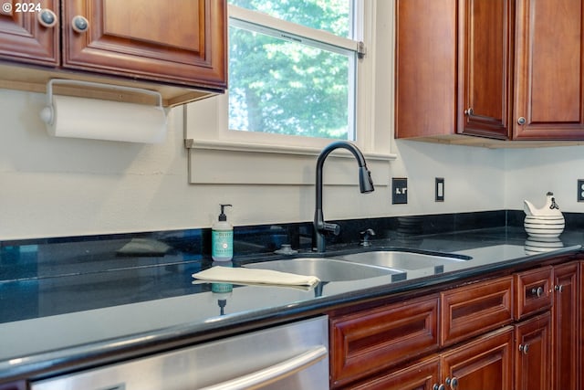 kitchen featuring dark stone counters, sink, and stainless steel dishwasher