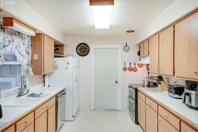 kitchen featuring light brown cabinetry, range hood, sink, and appliances with stainless steel finishes