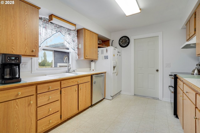 4837 Auburn Rd NE, Salem, OR 97301 - kitchen featuring dishwasher, a sink, range with electric cooktop, white refrigerator with ice dispenser, and light flooring