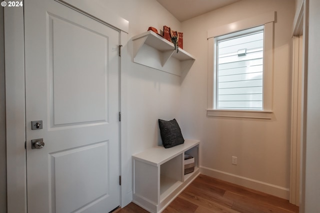 mudroom with light hardwood / wood-style floors