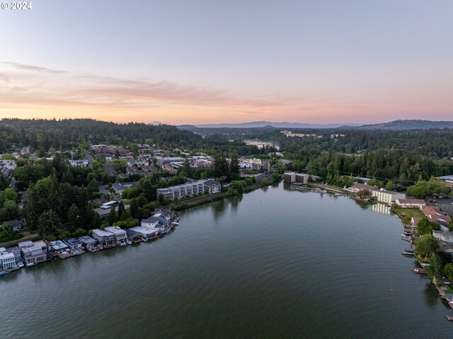 aerial view at dusk featuring a water view