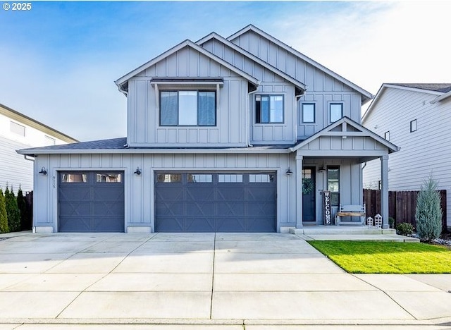 modern inspired farmhouse featuring a garage