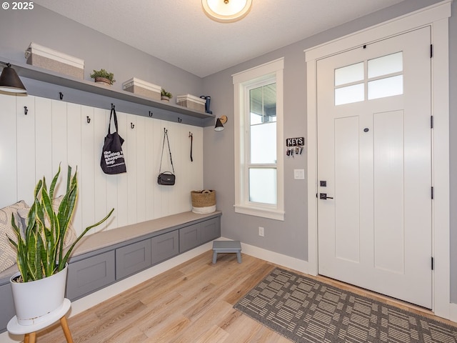 mudroom with light hardwood / wood-style floors