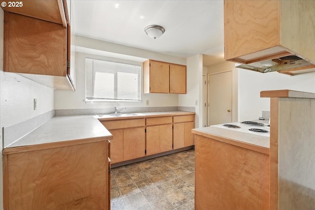 18495 SW Springfield St, Beaverton, OR 97078 - kitchen featuring white electric stovetop, light countertops, custom exhaust hood, a sink, and stone finish floors
