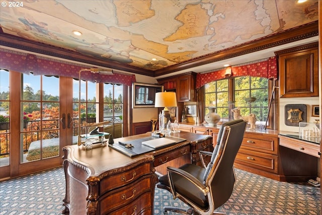 office featuring ornamental molding and french doors