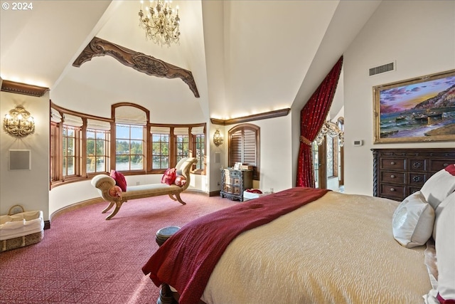 carpeted bedroom featuring a chandelier, a towering ceiling, and visible vents