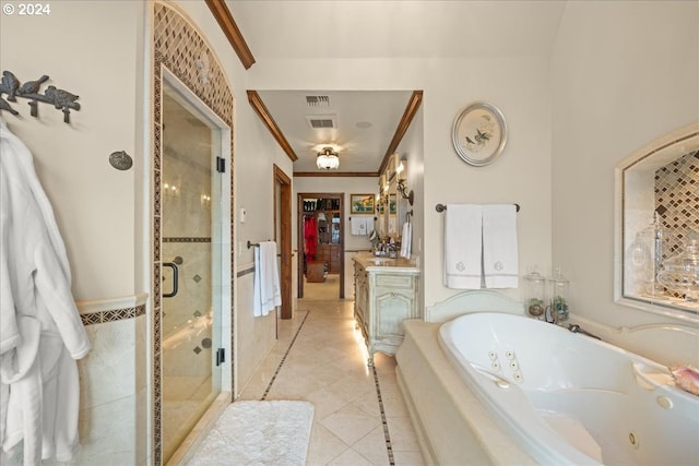 bathroom featuring tile patterned flooring, plus walk in shower, and vanity