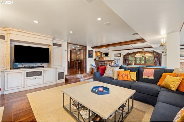 living room with visible vents, beamed ceiling, wood finished floors, pool table, and recessed lighting