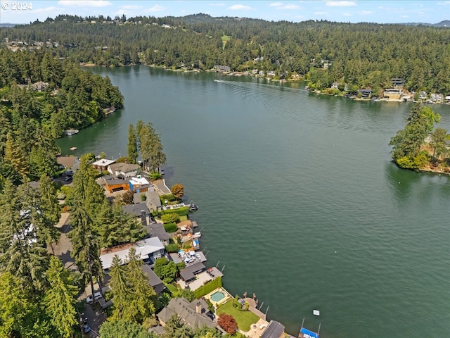 aerial view featuring a water view and a forest view