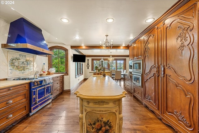 kitchen featuring appliances with stainless steel finishes, dark hardwood / wood-style flooring, range hood, and a healthy amount of sunlight