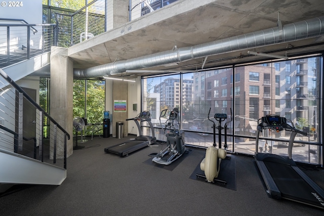 exercise room with a high ceiling