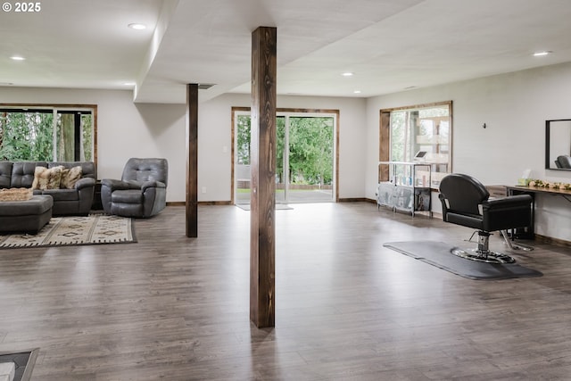 office space with recessed lighting, wood finished floors, and baseboards