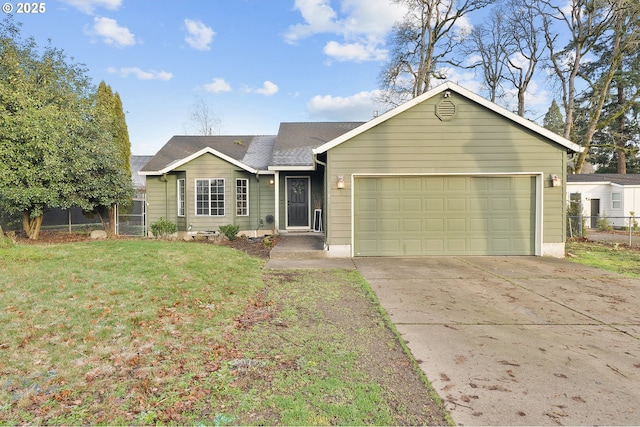 single story home with a garage and a front lawn