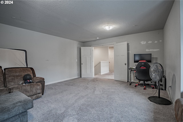 sitting room featuring light carpet and a textured ceiling