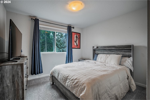 carpeted bedroom with a textured ceiling