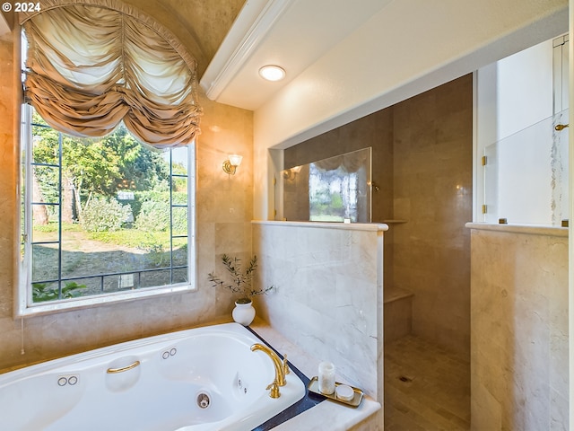 bathroom with plenty of natural light and a relaxing tiled tub