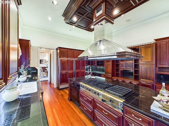 kitchen with ornamental molding, island range hood, stainless steel gas cooktop, and light hardwood / wood-style floors