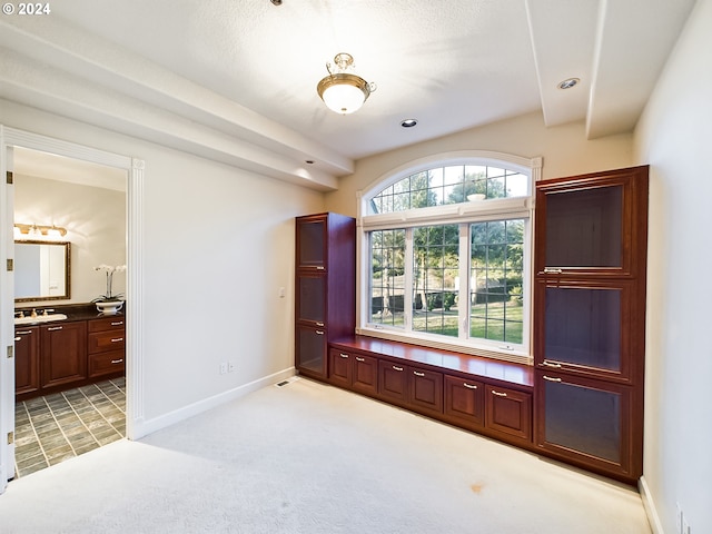 interior space featuring connected bathroom, sink, and light carpet