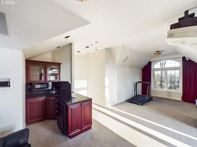 kitchen with lofted ceiling, carpet flooring, and sink