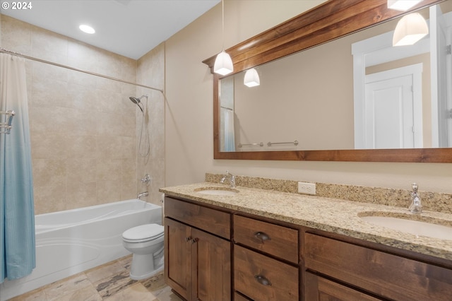 full bathroom with shower / bath combination with curtain, toilet, and vanity