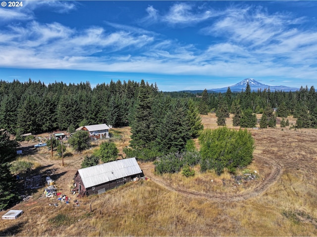 bird's eye view with a forest view and a mountain view