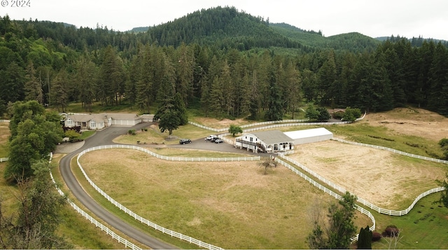 drone / aerial view with a rural view, a mountain view, and a view of trees